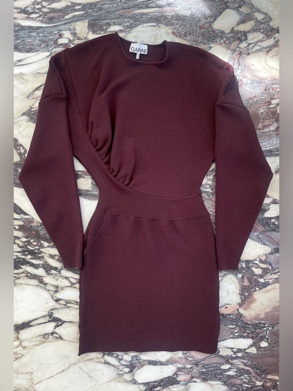 Ganni Long-Sleeve Knit Mini Dress in Plum S